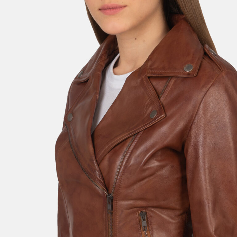 Womens Flashback Brown Leather Biker Jacket Close-Up-9-1659378458947